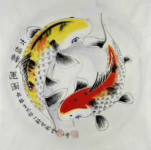 gg手绘字画鲤鱼装饰画心海居士三尺四尺斗方国画九鱼图太极转运图