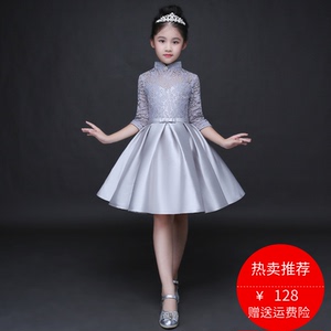 新款女童旗袍银色晚礼服钢琴演出服花童裙儿童模特走秀表演服装秋