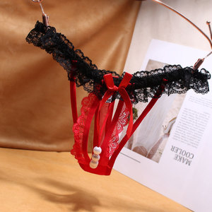 性感蕾丝珍珠按摩开档裤火辣蝴蝶结丁字裤房事用透视火辣女式t裤