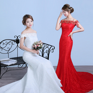 红色婚纱2024新款新娘简约收腰鱼尾婚纱礼服新娘齐地结婚韩式婚礼