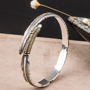 银手镯男士999纯银女开口复古手环时尚个性潮流情侣羽毛足银手镯