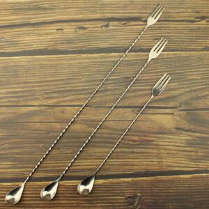 酒术304不锈钢叉头日式长柄吧勺 鸡尾酒调酒搅拌勺 搅拌棒 吧更匙