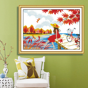 绣好的纯手工十字绣成品秋日守候女孩红枫叶新款客厅卧室挂画