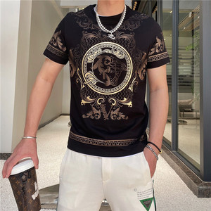 versace范思哲t恤男装夏季新款美杜莎印花烫钻圆领休闲短袖上衣男