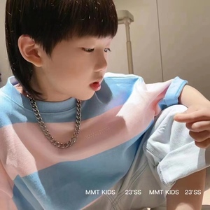 现货波拉韩国童装女男孩2023夏装纯棉大条纹街舞亲子兄妹装短袖T