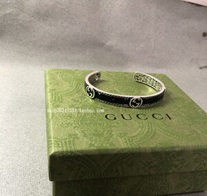 gucci/古驰 正品 新款银饰 情侣款 黑色珐琅 双g 纯银 开口 手镯