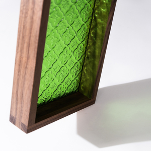 黑胡桃木收纳盒绿色压花玻璃底木盒子燕尾榫复古老上…