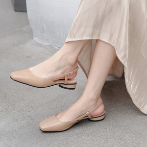 牛皮包头真皮凉鞋女粗跟后空凉鞋女单鞋方头低跟凉鞋女夏季新款