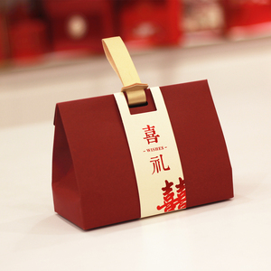 喜礼三角手提盒酒红色中式高档小红书推荐双喜皮质结婚喜糖盒伴手