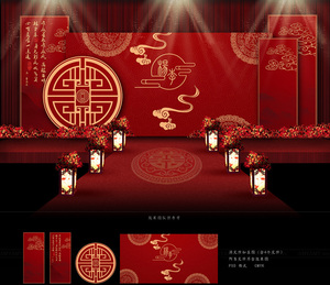 红撞金色中国风婚礼迎宾签到新中式舞台喷绘背景设计图psd源素材1