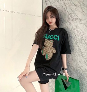 gucci/古驰 22夏款 老花刺绣字母logo小熊图案圆领短袖男女t恤