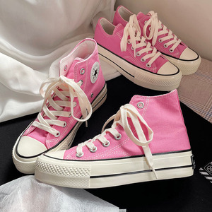 star匡威夏粉色厚底帆布鞋女高帮学生百搭休闲增高白色板鞋ins潮
