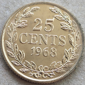 1968年 利比里亚 直径23mm 全新外国硬币外币钱币收藏2142