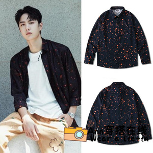 快乐大本营王一博同款橙色墨点印花衬衫女潮流宽松长袖衬衣外套男