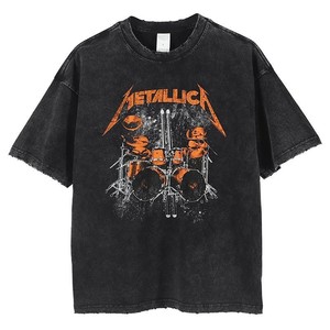 metallica短袖t恤欧美高街 重金属摇滚乐队活结水洗做旧朋克丧
