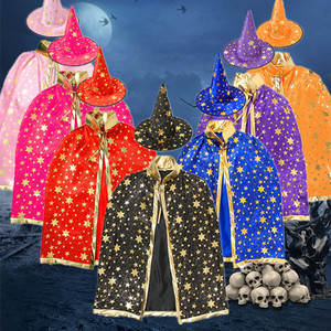 万圣节披风斗篷儿童表演活动魔法师巫师烫金五星披风斗篷帽子套装