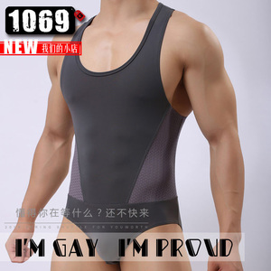 男士内衣潮男性感gay冰丝高弹力运动连体衣修身健身衣网孔连体衣