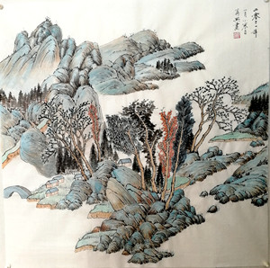 纯手绘国画山水 彩色 画家真迹68x68厘米二尺斗方家装玄关装饰画