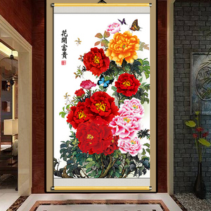 花开富贵牡丹无框单幅卷轴挂画背景墙竖版装饰画布画防水广州市