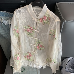 新中式立体花朵刺绣双层蕾丝拼接盘扣衬衫2024夏季新品国风外套女