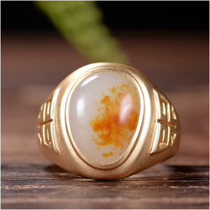 玉石缘【戒指19.1mm】18k金镶新疆和田黄皮白玉籽料大气男款指环