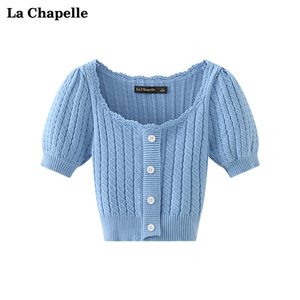 拉夏贝尔/La Chapelle蓝色花边方领甜美设计感麻花针织短袖开衫女