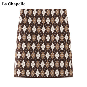 拉夏贝尔/La Chapelle复古别致高腰菱格子针织短裙半身裙春季新款