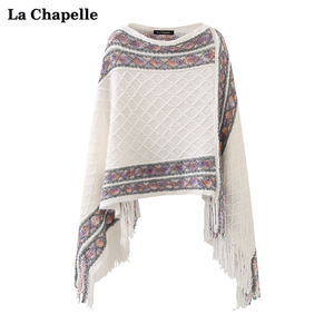拉夏贝尔/La Chapelle夏新款复古套头菱格斗篷女流苏针织毛衣披肩