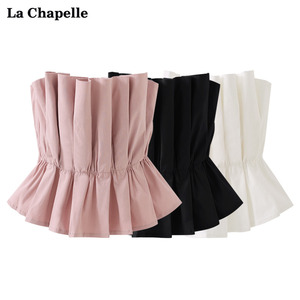 拉夏贝尔/La Chapelle风琴褶皱花苞抹胸上衣女纯欲短款低胸衬衫