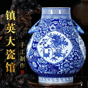 景德镇陶瓷器花瓶仿古手绘青花开窗福尊中式明清古典客厅家居摆件