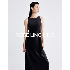 RoseLingLing秀场同款 珍珠缎面肌理醋酸艺术斜裁及简优雅连衣裙