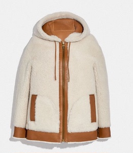 美国代购直邮coach女士长袖 羊羔皮 皮毛一体 双面穿 连帽外套