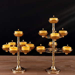 七彩莲花灯座纯铜烛台架子酥油灯供佛托台家用香薰蜡烛架七星灯架