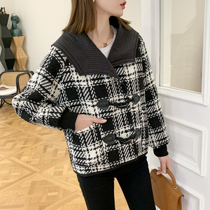 黑白格子外套女短款小香风