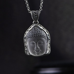 925银镶嵌天然白水晶佛头吊坠如来佛祖项坠佛像复古纯银银饰女