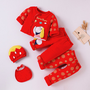 新生婴幼儿棉衣套装宝宝加厚秋冬季大红色棉袄五件套满月百天衣服