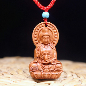 桃木观音吊坠木质南海观世音菩萨项链男挂饰六字真言平安护身挂件