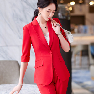 大红色职业套装女薄款正装中袖珠宝店影楼销售4S店西服套裙两件套