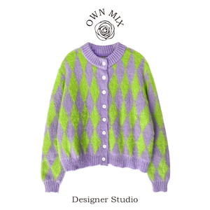 2021秋冬新款iu李智恩同款绿紫色复古菱格马海毛开衫毛衣针织衫女