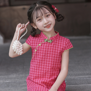儿童旗袍夏季新款改良汉服女童中国风格子裙小旗袍女孩中国风童装