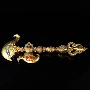 藏传密宗 紫铜鎏金镶宝石藏传佛教金刚钺刀