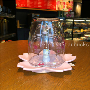 星巴克2024粉色樱花萌猫粉樱双层玻璃杯咖啡桌面办公喝水杯带杯垫