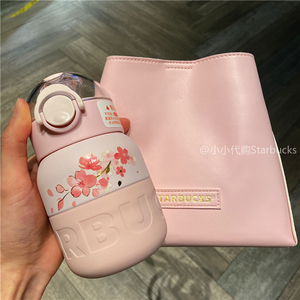 星巴克杯子2022粉色樱花不锈钢吸管杯保温杯咖啡桌面水杯配折叠包