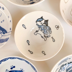 日本进口美浓烧釉下彩可爱猫咪陶瓷餐盘子老虎小动物饭碗菜碗餐具
