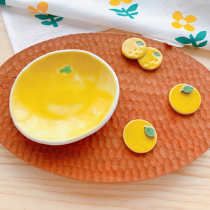 日本制粗陶釉下彩手绘可爱水玉柚子橘子橙子汤吞杯子饭碗钵筷子架