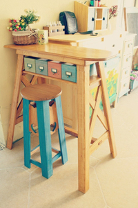田园地中海 原创实木叉叉腿吧台带四色标签小抽屉配一把吧台凳