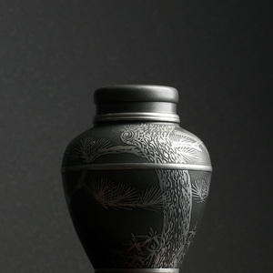 南园古美术 日本老锡器 锡半造本锡制松竹梅大茶叶罐双盖密封茶入