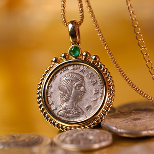 古罗马皇后多姆娜大福斯蒂娜古币吊坠项链18k金镶祖母绿钻石珠宝