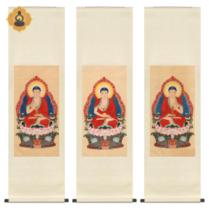 工笔佛像人物国画横三世佛三宝佛菩萨画像佛堂供奉书房卷轴画挂画