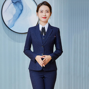 条纹西装套装女正装外套马甲套裙春季职业装工装修身高端经理西服